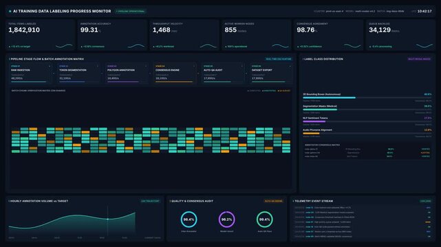 Ai training data labeling progress monitor dashboard, for machine learning pipeline efficiency, data annotation accuracy, throughput velocity, quality control, algorithmic optimization