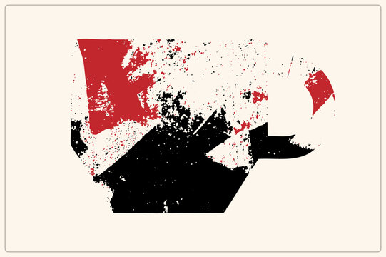 Stylized mug in street art/distro style. Features ink splatters, stenciled edges, raw urban look in crimson and charcoal.