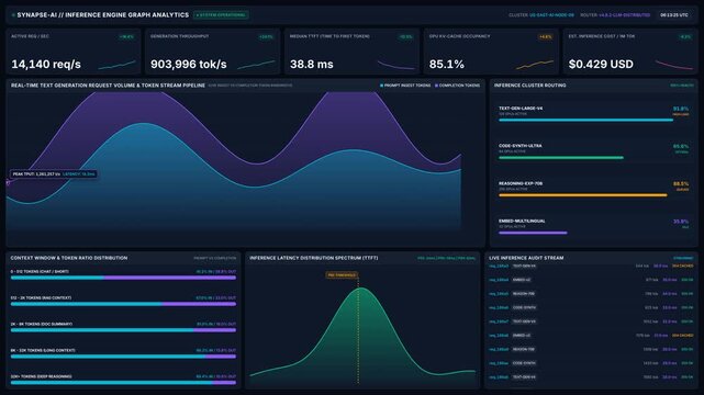 Artificial intelligence inference engine analytics dashboard with real-time system metrics, for advanced data processing, machine learning performance monitoring, server cluster operations