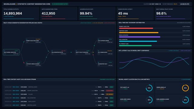 Dashboard interface for data pipeline content moderation metrics, for artificial intelligence analytics, system monitoring, security control, automated governance operations