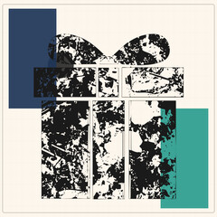 Obraz premium High contrast noise art gift box. Navy blue and teal blocks on graph paper with eroded, stencil style ribbon loops.