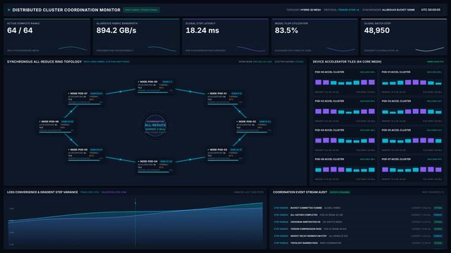 Distributed cluster coordination monitor with data sync node metrics, for cloud computing, big data processing, artificial intelligence infrastructure, high performance network analytics