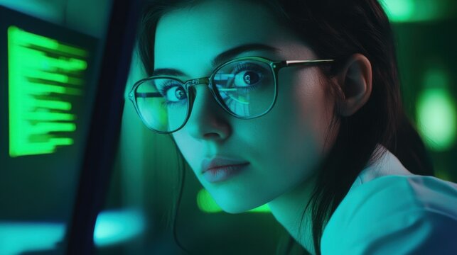 Young woman coder looking at computer screen with green code in dark room