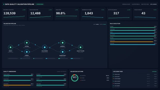 Data quality validation dashboard with metrics charts, for analytics, monitoring, performance, business intelligence in modern enterprise software