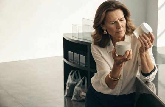 Thoughtful Woman Examining Skincare Products In A Sleek And Modern Retail Space With Elegance.