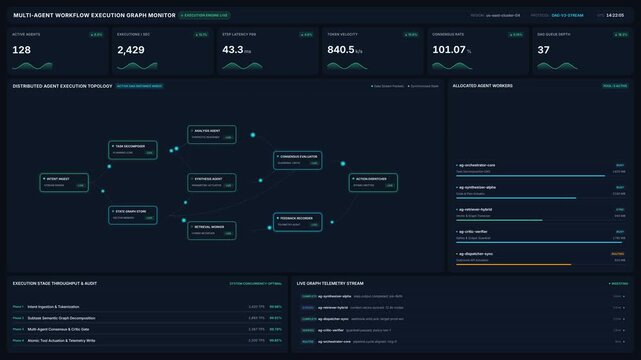 Multi agent execution graph monitor with real time statistics, for artificial intelligence workflows, data processing performance, system scalability, technical analytics