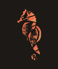 Vertical distressed seahorse stencil with geometric cuts and burnt orange gradient on dark background. High contrast nautical/streetwear design. © Rysak