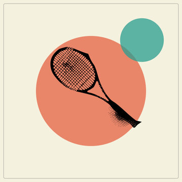 Stylized black halftone tennis racquet on a salmon circle, using teal geometry in a modern retro "" vector design.