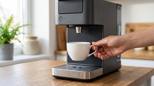 Mano coloca taza bajo cafetera para preparar café 