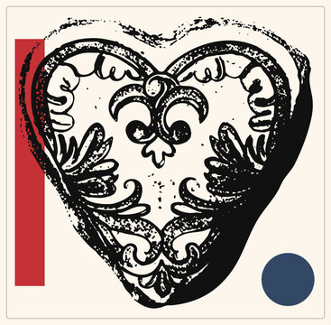 Distressed black baroque heart with fleur de lis, speckled inkblot style. Red vertical strip left, blue circle lower right, on cream background.