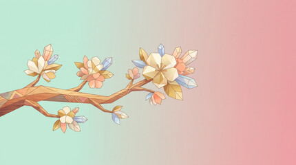 Fototapeta premium Geometric blossom branch with crystals on pastel background