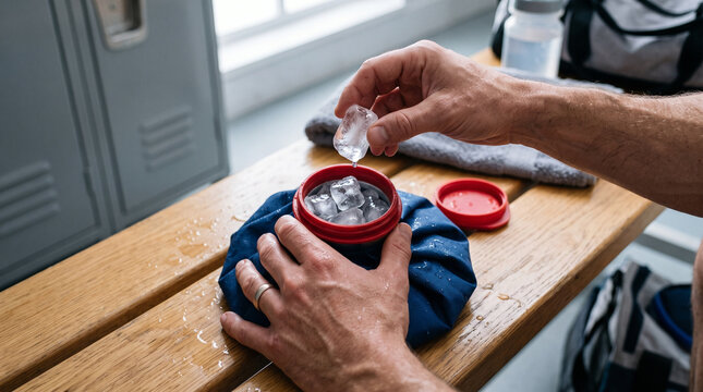 Mano preparando una bolsa de hielo para una lesión deportiva 