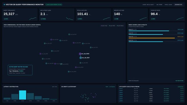 Vector database query performance monitor dashboard for throughput metrics, latency graphs, vector similarity search results, for big data analysis, cloud computing, system optimization