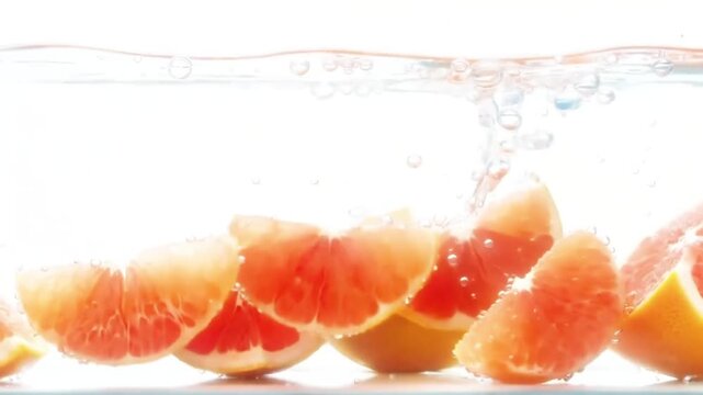 Fresh Fruits Splashing and Floating in Clear Carbonated Water