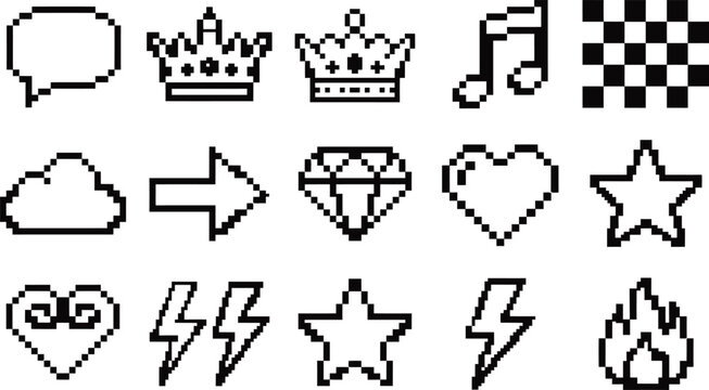 A collection of pixel art icons representing various symbols like speech bubble, crown, musical note, chessboard, cloud, arrow, diamond, heart, star, lightning bolt, and fire, arranged in a grid.