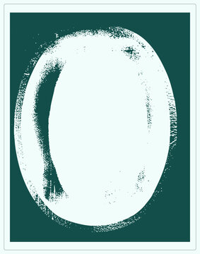 Weathered oval frame with rough, stippled edges mimicking a handmade stamp. Grime style graphic using high contrast negative space for a raw, industrial street art aesthetic. Scattered noise and imper