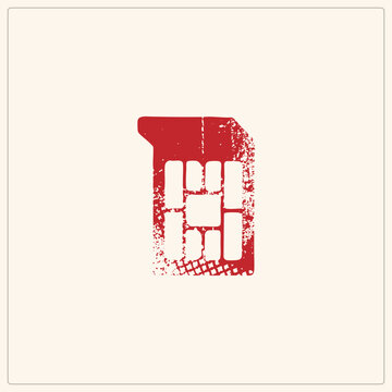 Grunge style red digital cellular memory stick with rough texture, visible pads, and worn stamp effect. Flat vector art with high contrast, ideal for mobile tech branding or network infrastructure vis