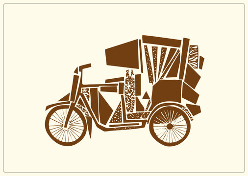 Stylized brown vector of a three wheeled pedicab in flat block print style. Features abstract geometric canopy/frame, stippled textures, and spoked wheels. Woodcut inspired aesthetic representing loca