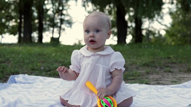 Adorable baby girl playing with a colorful rattle on a picnic blanket outdoors