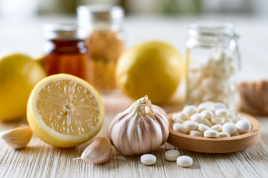 Natural remedies with fresh lemons garlic medicinal pills garlic cloves immune system