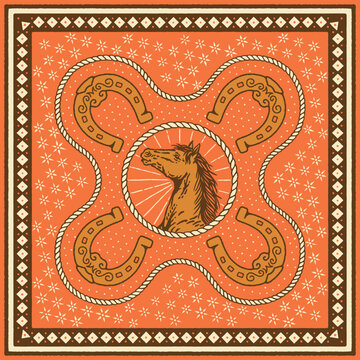 head illustration horse graphic horseshoes design bandana vintage rope