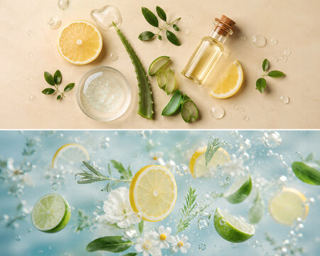 Breathtaking Composition Of Fresh Ingredients And Beauty Products On A Light Background.