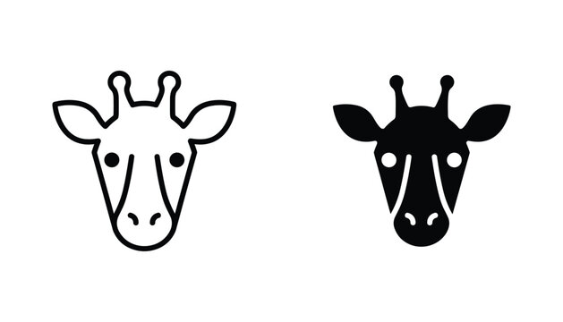 Giraffe head vector icon isolated on white Black and white outline line art and solid glyph silhouette