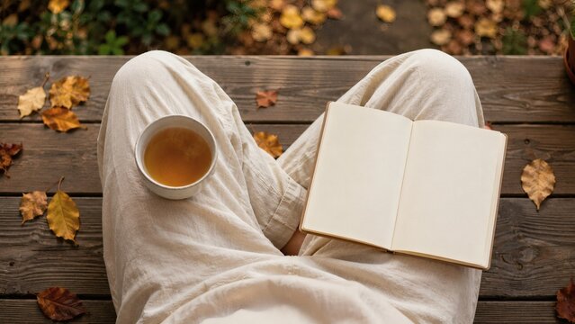 Person sitting on wooden deck with tea