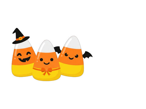 Three cute cartoon candy corn characters with funny faces wearing costumes for a festive halloween holiday celebration design