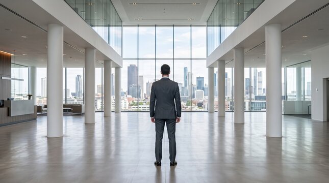 Confident businessman standing in spacious modern empty office lobby looking out large glass window at city skyline, corporate leadership vision, future success