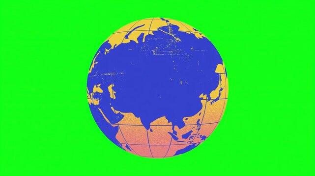 Stylized rotating earth globe on green screen, flat design world map animation, global geography icon for news and education