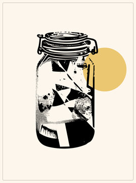 Stylized wire bail jar with "screwball"/"clutch" lid, geometric triangles, and stippling. High contrast black ink on plain background with muted gold circle, creating a modern grunge aesthetic for bra