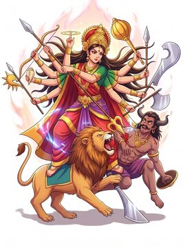 Vector Illustration of Goddess Durga Slaying Mahishasura Monster on Lion Mount