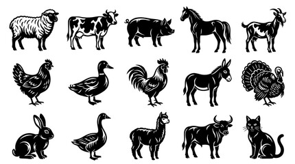 Fototapeta premium Farm Animals Black and White Vector Glyph Icons Collection for Agriculture and Domestic Livestock