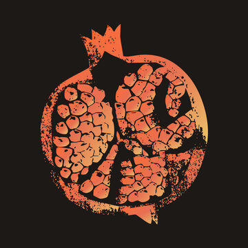 Distressed vector pomegranate with orange gradient. Stylized crown atop exposed geometric seeds in rough stencil style. High contrast black negative space defines the segmented interior.