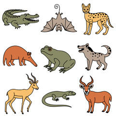 Obraz premium Cute African River and Nocturnal Animals Flat Vector Icon Set