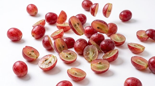Fresh red grapes cut in half scattered on a white background