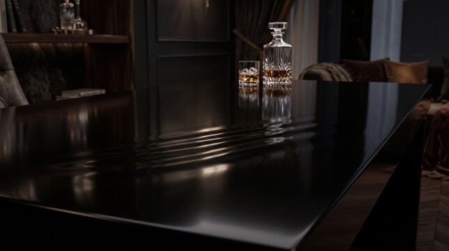 Black lacquer table surface with wavy texture and crystal whiskey decanter in luxury room