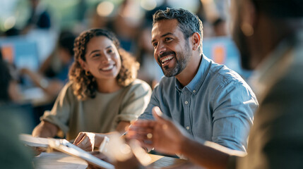 Obraz premium Candid editorial lifestyle photograph, a young Latina couple and a middle-aged Black male loan officer seated at a wooden desk inside a bustling Brazilian bank branch, having a foc