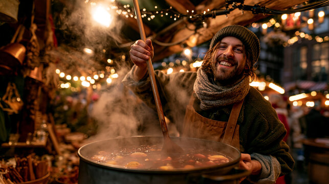 Concept for preparing for the Christmas market: a vendor stirring a large pot of mulled wine inside a half-decorated market stall the evening before opening, warm steam rising, str