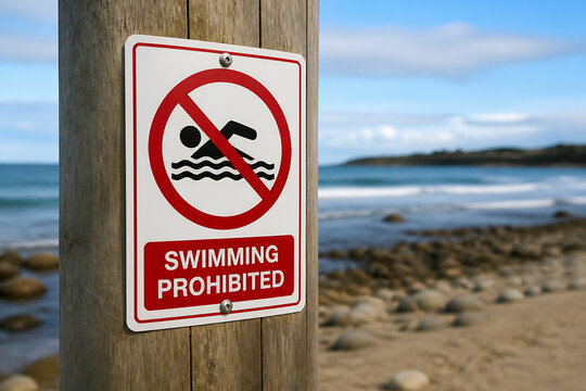 A no swimming sign is posted on a wooden post at a sandy beach with the ocean in the background.