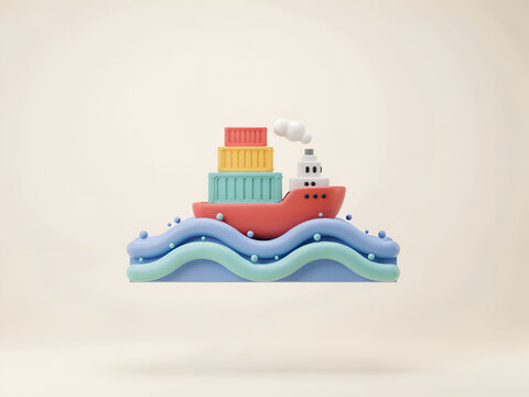 Cargo ship sailing on stylized waves with stacked containers during daytime