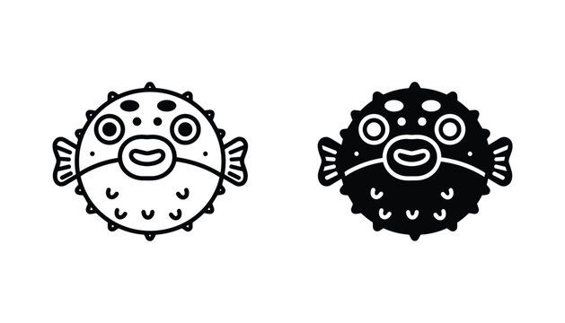 Puffer fish vector icon isolated on white Black and white outline line art and solid glyph silhouette