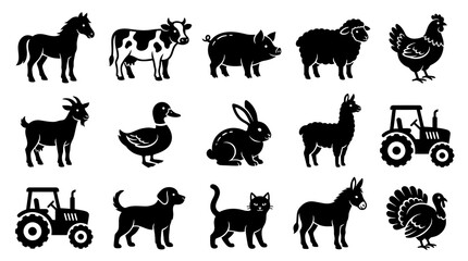 Fototapeta premium Farm Animals and Tractor Icon Set - Black and White Glyph Art