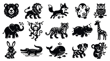Obraz premium Black and White Cute Animal Silhouettes Set, Vector Icons for Kids