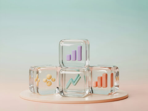 Clear cubes with growth charts and icons stacked in soft pastel lighting