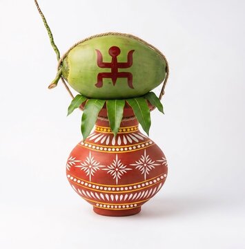 Traditional Hindu Mangal Kalash Pot with Green Coconut Swastika Symbol and Mango Leaves