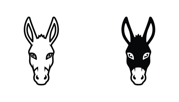 Donkey vector icon isolated on white Black and white outline line art and solid glyph silhouette