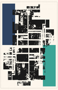 Distressed urban street layout, a grunge city grid stamped in rough black ink. This abstract township map, like a torn street atlas, pairs with navy and teal rectangles for bold graphic impact.