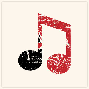 Grunge quaver duo with worn stencil texture, one black notehead and one crimson crochet joined by a beam. This distressed music note cutout brings vintage rhythm style to any melodic design project.